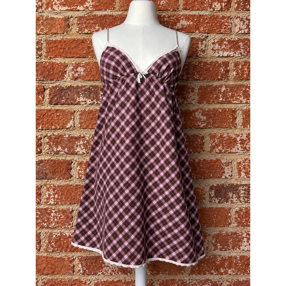 VTG Y2K Victoria's Secret Brown Pink Plaid Lace Trim Chemise Nightgown S 2000s